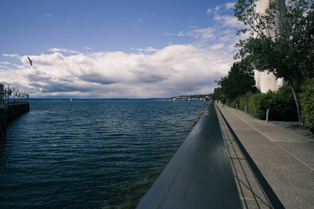 istock Waterfront Walkway with Sailboat and Trees 2155534988