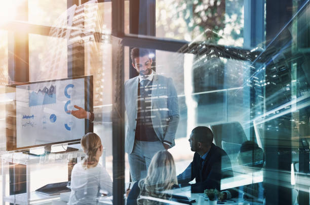 istock Staff, city or group in a meeting, overlay or planning with ideas, conversation or graphs for growth. Male person, employee or team with leadership, urban or brainstorming with charts or presentation 2155535549