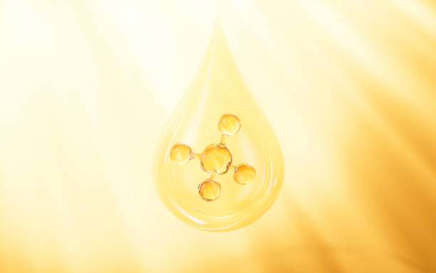 istock Gold molecule in transparent water droplets, skincare and biomedical concept, 3d rendering. 2155537819