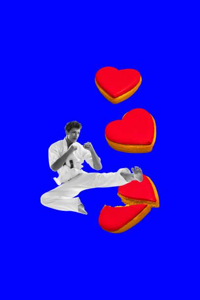 Young man in white kimono practicing karate, fighting with hearts on blue background. Contemporary art collage.