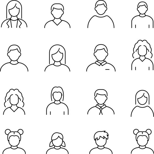 set ikon seni garis vektor untuk avatar pria dan wanita - rambut-panjang ilustrasi stok