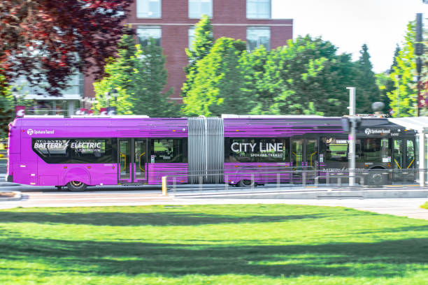 May 31, 2024\nSpokane, Washington USA.\nA Spokane Transit Authority (STA) articulated bus, passing through Spokane's University District. The bus is all electric, operating on STA's Bus Rapid Transit \