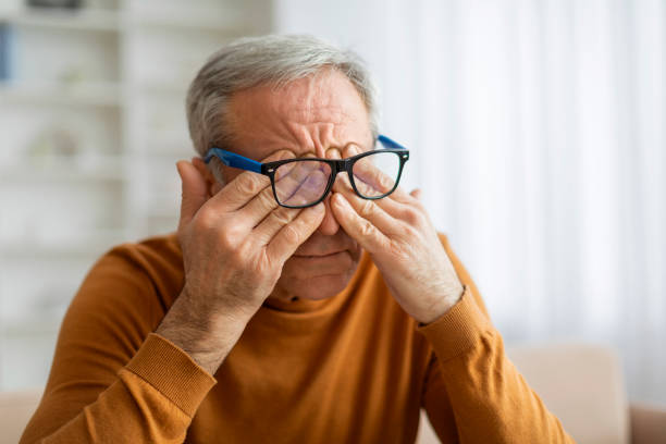 istock Tired eldery man rubbing eyes, home interior 2155547503