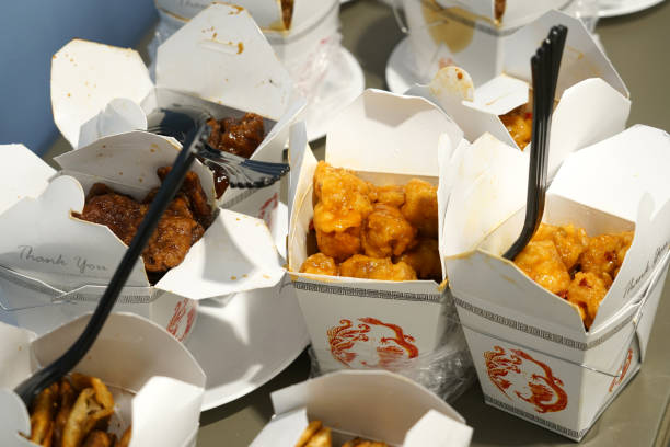 close up on fast Chinese food in box