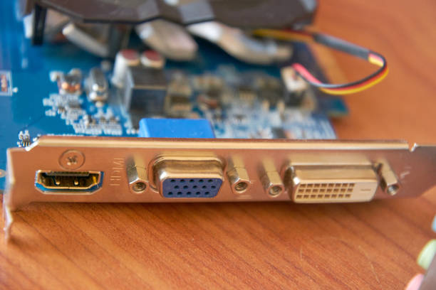 video card close-up, DVI HDMI HDCP connectors.