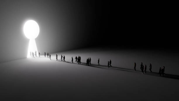 istock 3d render walking crowd people with a case to the opening gate with clearance 2155560330