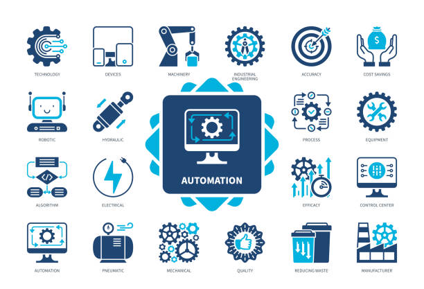 illustrations, cliparts, dessins animés et icônes de jeu d’icônes solides d’automatisation - automatisé