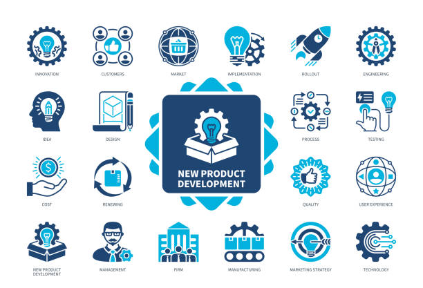 New Product Development solid icon set New Product Development icon set. Rollout, Design, User Experience, Manufacturing, Engineering, Idea, Distribution, Innovation. Duotone color solid icons start ups stock illustrations