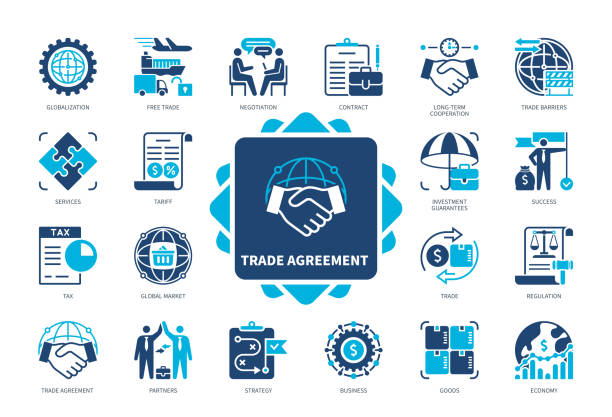 Trade Agreement solid icon set Trade Agreement icon set. Contract, Trade Barriers, regulation, Tax, Tariff, Partners, Globalization, Success. Duotone color solid icons tariff stock illustrations