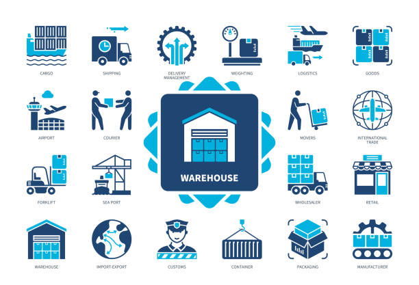 Warehouse solid icon set Warehouse icon set. Forklift, Wholesaler, Customs, Packaging, Logistics, Shipping, Manufacturing, Goods. Duotone color solid icons clothes hanger storage stock illustrations