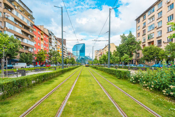Sofia, Capital City of Bulgaria. Front View of a Boulevard featuring tramway lines