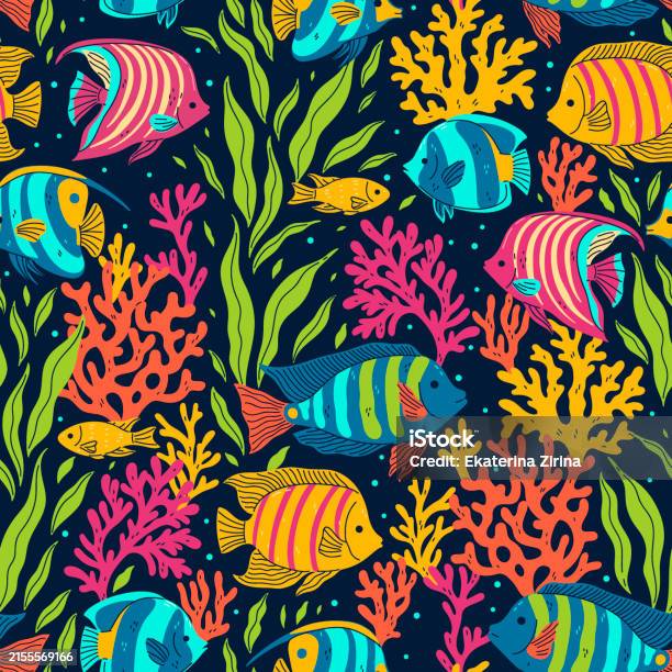 Corals Fish Patterns Seamless Pattern With Colorful Tropical Fish Corals And Algae Vector ...