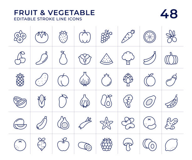 Fruit and Vegetable Line Icons Fruit and Vegetable Editable Stroke Vector Line Icons. Pixel Perfect. 1Px Stroke. 32x32 Pixel Width. Easy to edit colors and stroke width. carrot stock illustrations