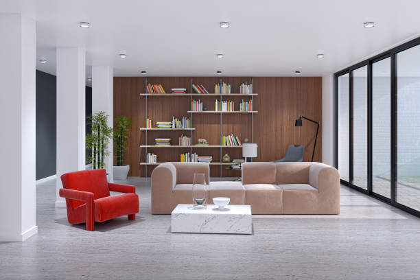 istock Illustration 3D rendering large luxury modern bright interiors Living room mockup computer digitally generated image 2155576091