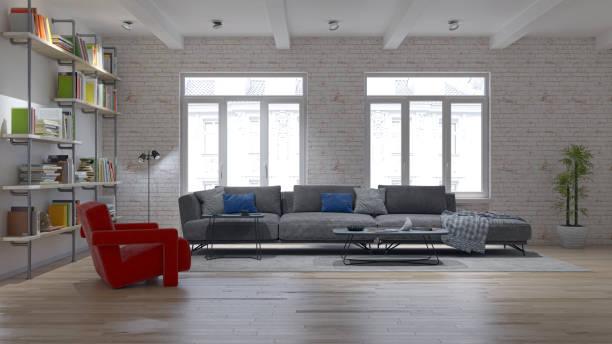 istock Illustration 3D rendering large luxury modern bright interiors Living room mockup computer digitally generated image 2155576259