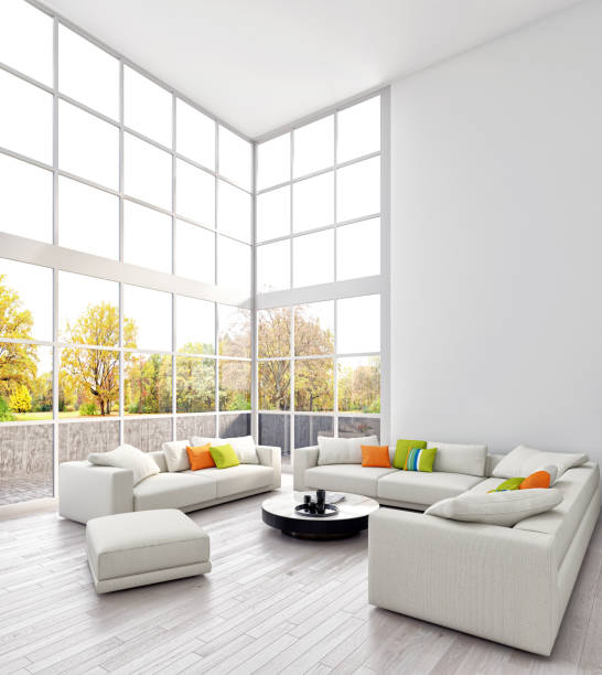 istock Illustration 3D rendering large luxury modern bright interiors Living room mockup computer digitally generated image 2155576341