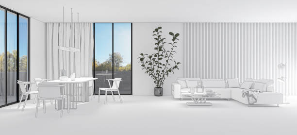 istock Illustration 3D rendering large luxury modern bright interiors Living room mockup computer digitally generated image 2155576546