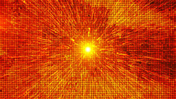 Red mosaic background in technology concept. Abstract red LED squares and yellow particles. Technology digital square red color background. Red pixel grid background. 3D rendering.