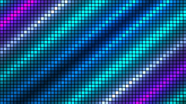 Multicolored mosaic background in technology concept. Abstract rainbow LED squares. Technology digital square color background. Colored pixel grid background. 3D rendering.