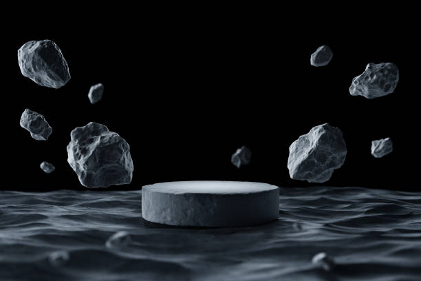 Abstract display podium rock stone on asteroid float outer space galaxy product stand cosmetic skin care advertising planet dark black concept universe stars cosmos. clipping path. 3D Illustration.
