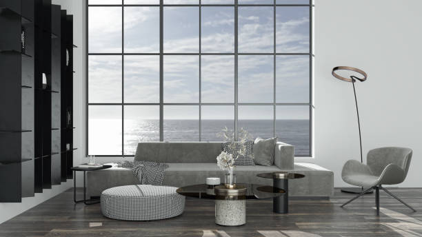 istock Illustration 3D rendering large luxury modern bright interiors Living room mockup computer digitally generated image 2155580468