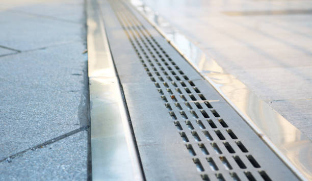 istock Close-up flooring steel perforated gutter. 2155585834