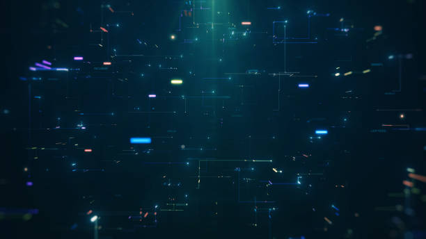Abstract representation of a futuristic digital data network with glowing nodes and lines on a dark background, symbolizing connectivity, technology, and information flow.