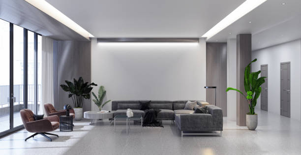 istock Large luxury modern bright interiors Living room mockup illustration 3D rendering image 2155589316