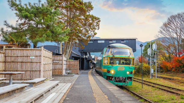 Yufuin, Japan - Nov 27 2022: Yufuin no Mori is a limited express train that runs from Hakata via Yufuin. It has 8 stops with Yufuin Station as its highlight being a famous onsen (hot springs).