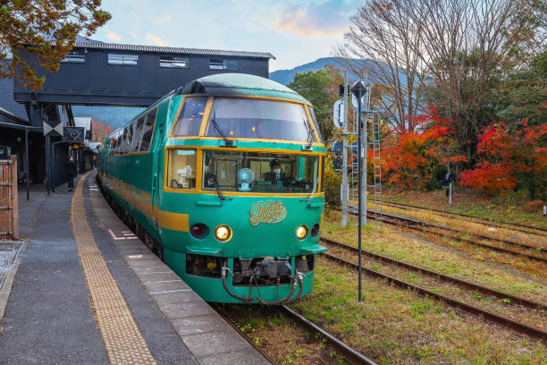 Yufuin, Japan - Nov 27 2022: Yufuin no Mori is a limited express train that runs from Hakata via Yufuin. It has 8 stops with Yufuin Station as its highlight being a famous onsen (hot springs).
