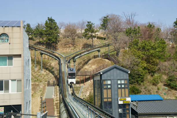 Ulsan, South Korea - March 17th, 2024: The monorail track departs from the Jangsaengpo Whale Museum, heading up the hill toward the cultural village. The track splits, with the left track advancing and the right track returning to the whale museum station.