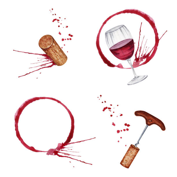 istock Red wine stain with splashes. Wine corkscrew with bottle stoppers. Wine glass with red splatter. Hand drawn watercolor illustration isolated on white background. Set of wine tasting design elements 2155593987