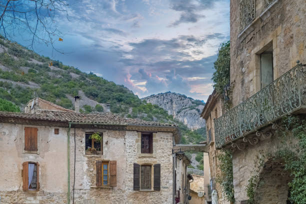 Saint-Guilhem-le-Desert in France, view of the village, typical street and houses