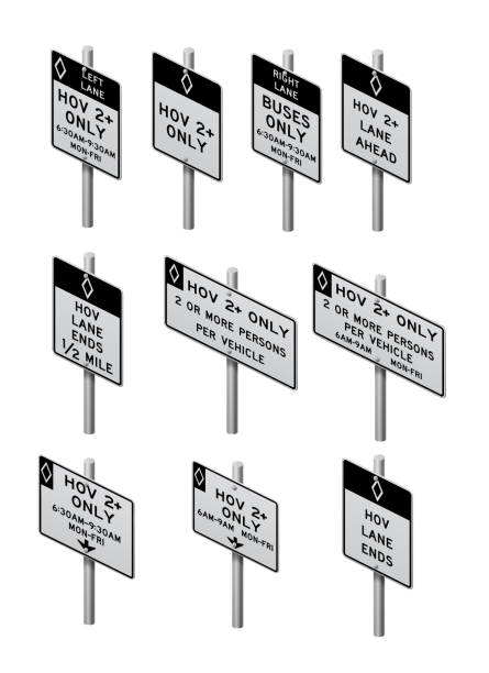 HOV Lane Traffic Sign Icon Set in Black and White, Featuring High-Occupancy Vehicle Instructions, Vector Illustration Isometric A set of black and white traffic signs specifically for HOV (High-Occupancy Vehicle) lanes, displaying instructions such as "HOV 2+ Only," "Buses Only," "HOV Lane Ahead," and "HOV Lane Ends." These signs are ideal for transportation management, road safety, and urban planning projects that involve carpooling lanes and vehicle occupancy regulations. truck weigh station stock illustrations