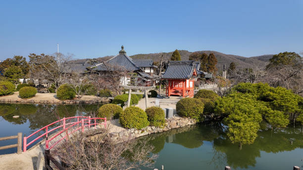 High angle view of temple surrounded by pond