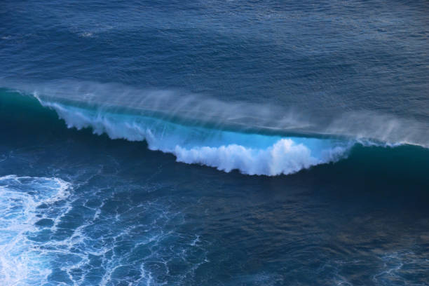 Turquoise ocean sea water white wave pattern splashing deep blue sea. Seascape dark ocean background wave splash on rock. Tropical sea beach in summer seaside outdoor. Water Surface blue wave pattern