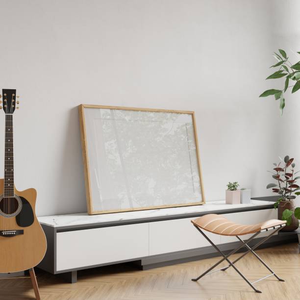 istock Mockup frame, poster empty in home design, modern interior design Living room for people who like music. element mockup, 3d rendering 2155597663