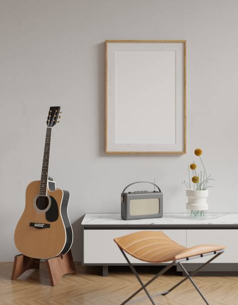 Mockup frame, poster empty in home design, modern interior design Living room for people who like music. element mockup, 3d rendering