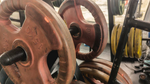Old, worn out color-coded rubberized grip plates on a horizontal weight plate stand or rack at a gym or fitness center.