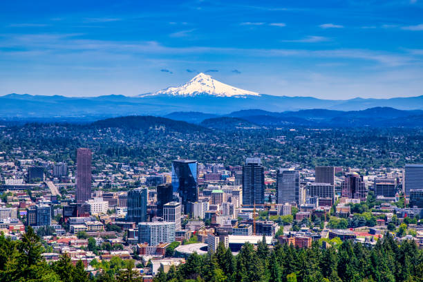 istock Portland Oregon skyline with Mt. Hood in springtime 2155604309