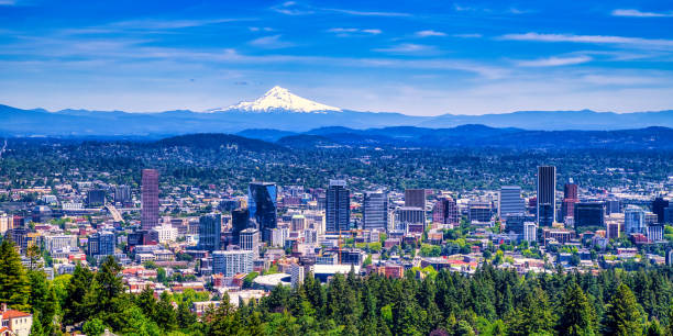 Panorama Portland Oregon skyline with Mt. Hood