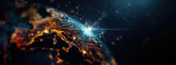A stunning visualization of a global network connection with illuminated lines and nodes representing data exchange across continents, highlighting the interconnected world of modern technology.