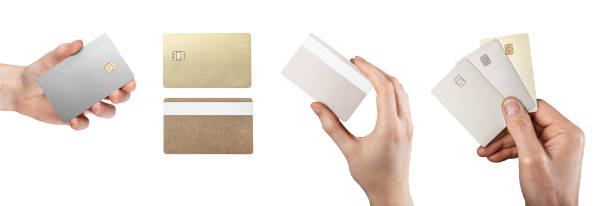 istock Credit card mockup. Hand holding blank plastic template, bank debit money payment. Front back rear 2155607920