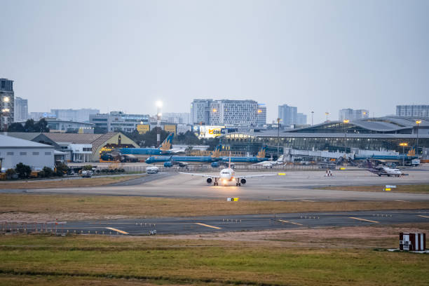 Ho chi minh, vietnam - Feb 27, 2024: View of Tan Son Nhat airport in cloudy day