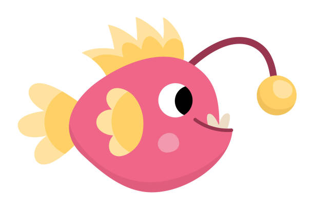 Vector pink angler fish icon. Under the sea illustration with cute funny creature with lamp. Ocean animal clipart. Cartoon underwater or marine clip art for children isolated on white background