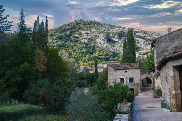 Saint-Guilhem-le-Desert in France, view of the village, typical street and houses