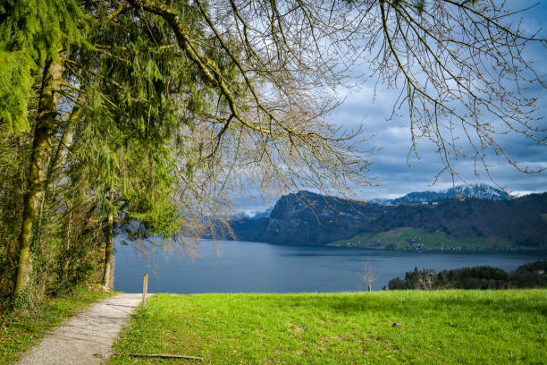 Walking trail above Kriens in Switzerland Walking trail above Kriens in Switzerland with beautiful views on Lake Luzern and Swiss Alps lucerne switzerland stock pictures, royalty-free photos & images