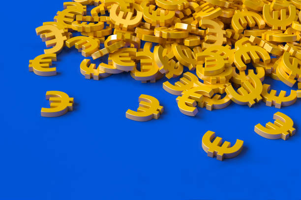 istock Euro Symbols Stacked in Gold on a Blue Background. 3d Rendering 2155613463