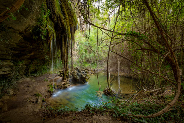 Poza de las Tortugas waterfall on the Hondares stream in Moratalla, Region of Murcia, Spain with crystal clear and emerald waters
