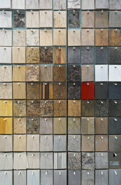 hanging granite color and pattern sample cards in the store